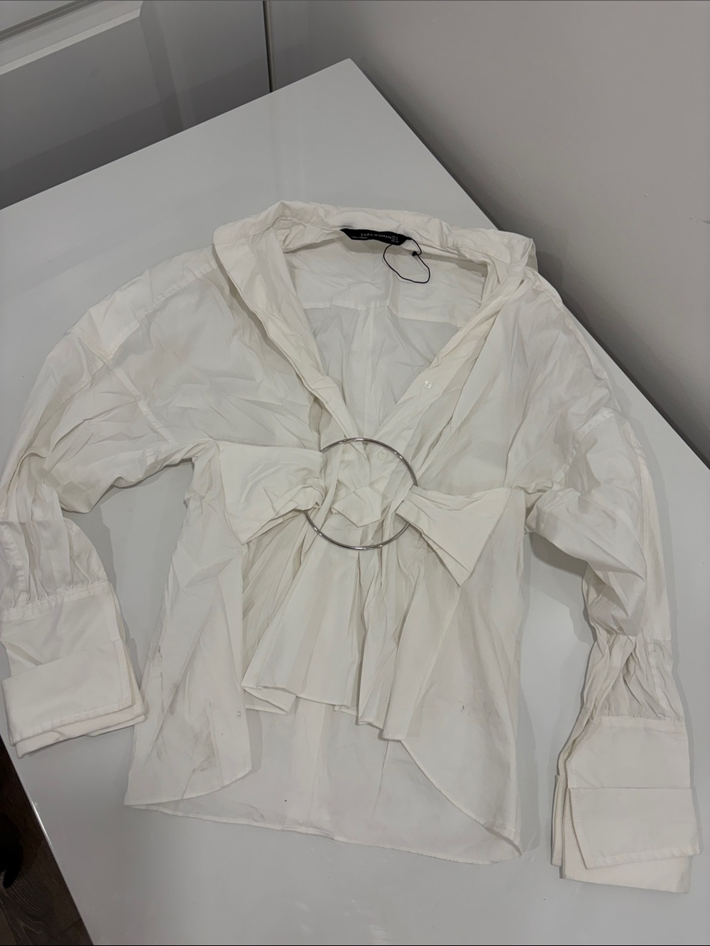 Zara White Button-Front Blouse with Ring Detail
